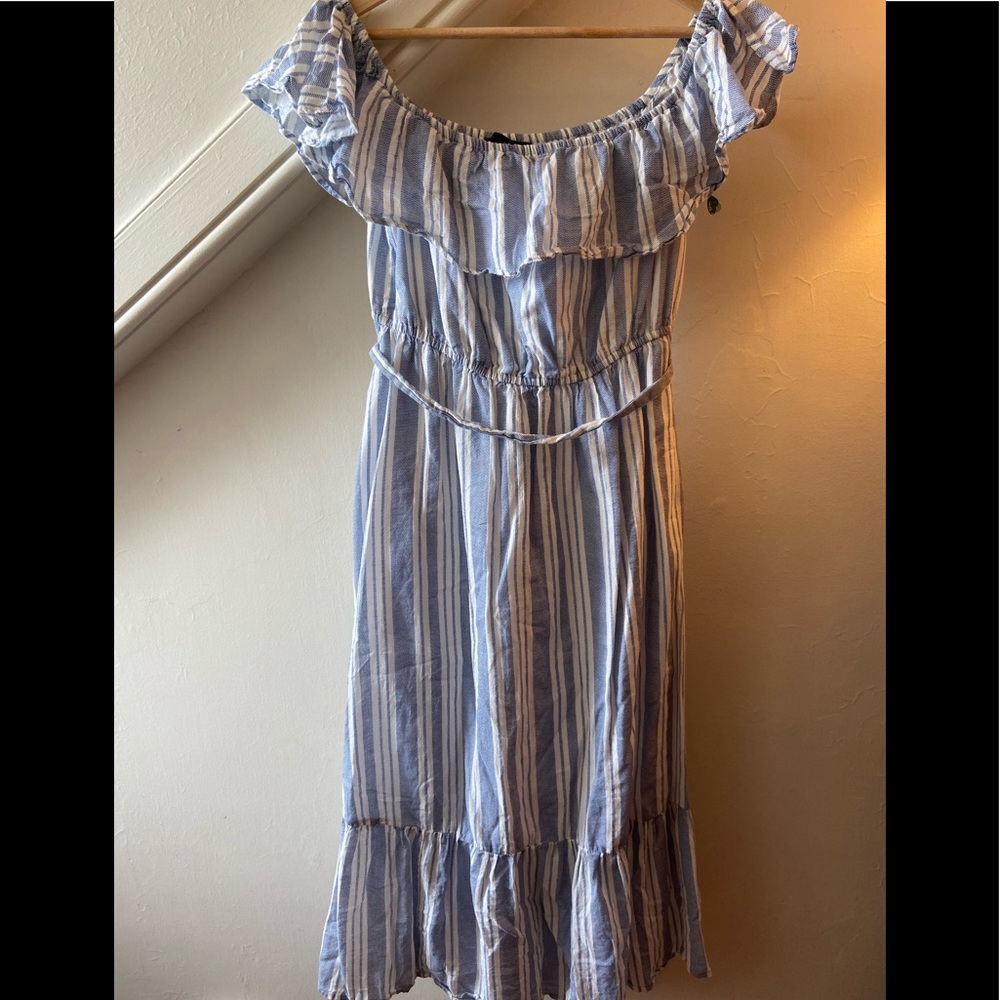 Blue and White Shoulder Midi Dress